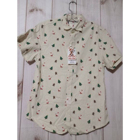 Denim and Flower Shirt Men's Medium Christmas Button Front Short Sleeve Tan Chri - Picture 1 of 8